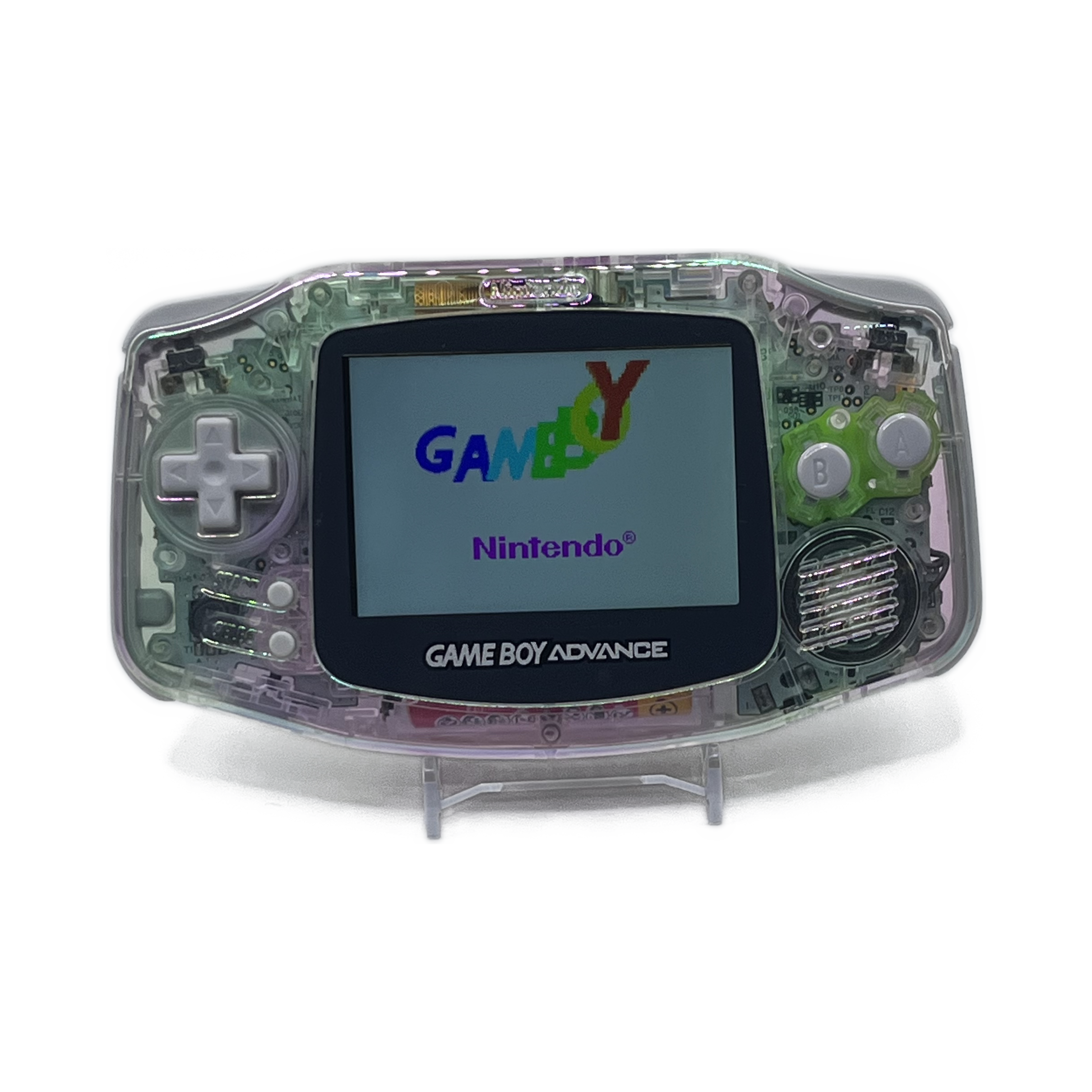 Nintendo Game Boy Advance Clear — powered on, boot screen